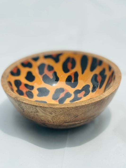 Handcrafted Wooden Bowl with Leopard Print Interior