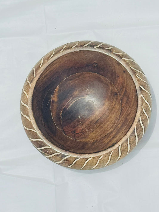 Handcrafted Wooden Bowl with Carved Rim