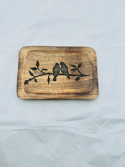 Engraved Wooden Tray with Bird Design Rustic Decorative Plate