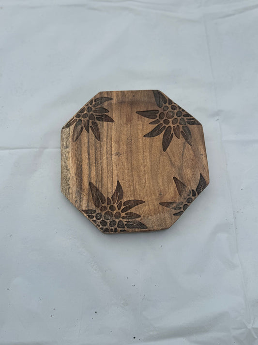 Engraved Wooden Platter Rustic Floral Design